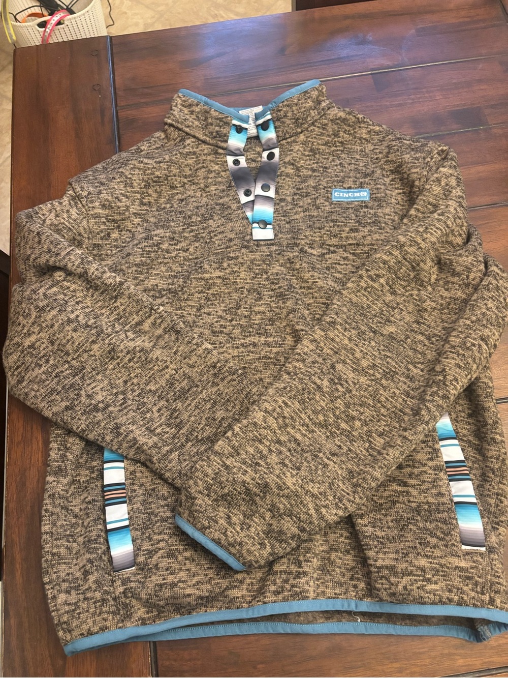 Cinch boys Brown Heathered button Sweater with Turquoise Trim